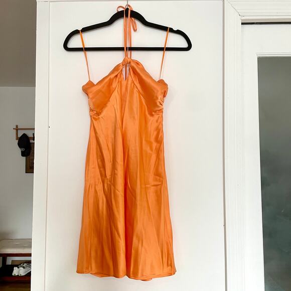 Reformation Sorrentine Halter Mini Dress Cutout Tangerine 100% Silk Sz 0 RARE - Picture 2 of 12